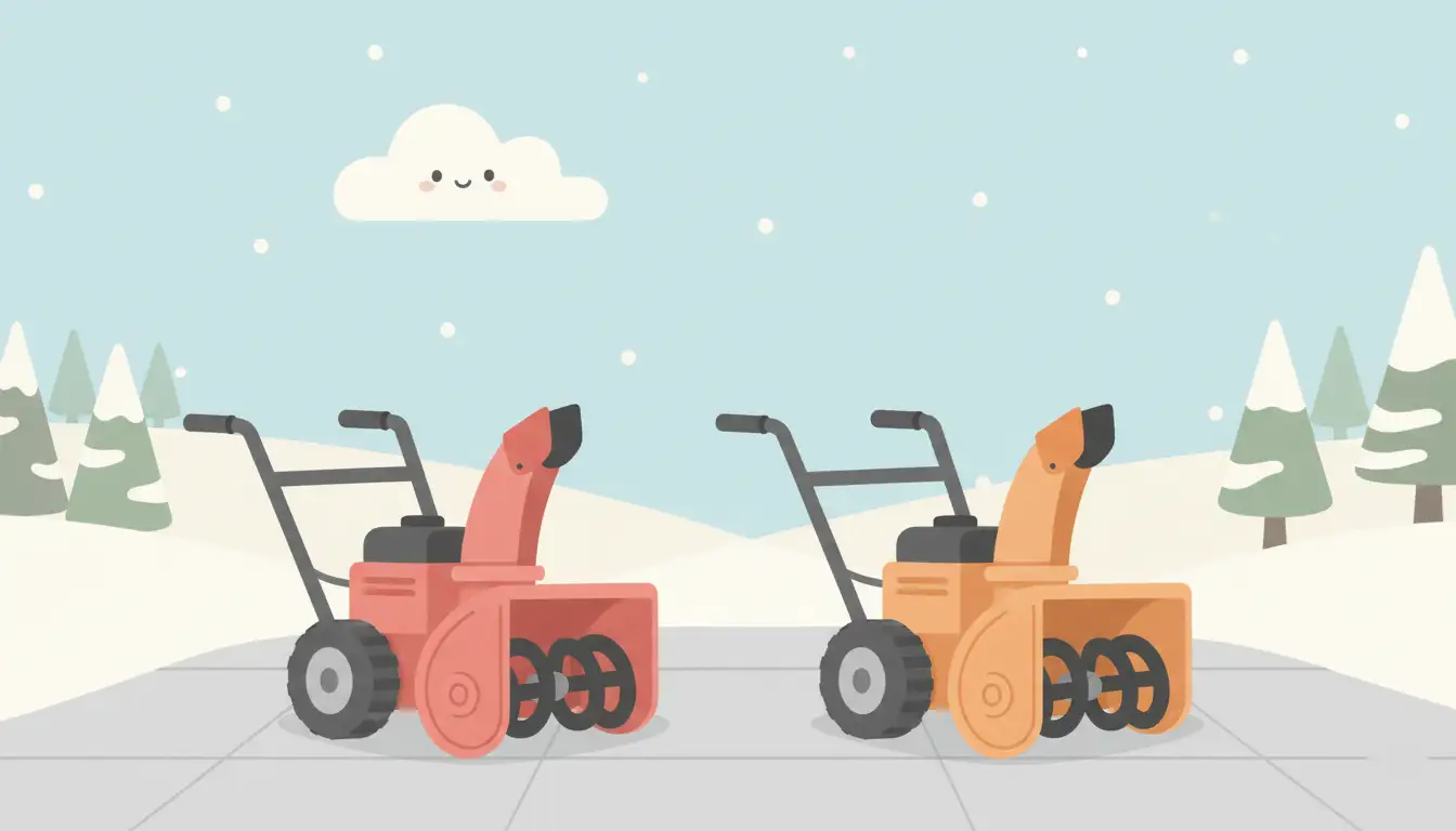 A red two-stage snowblower next to an orange two-stage snowblower on a clean, paved driveway.