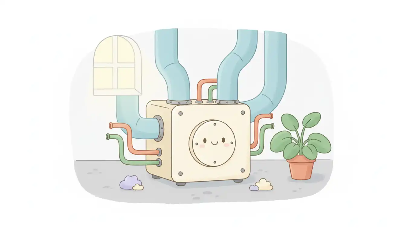 A residential hydro air system air handler unit with exposed copper piping and ductwork connections in a basement.