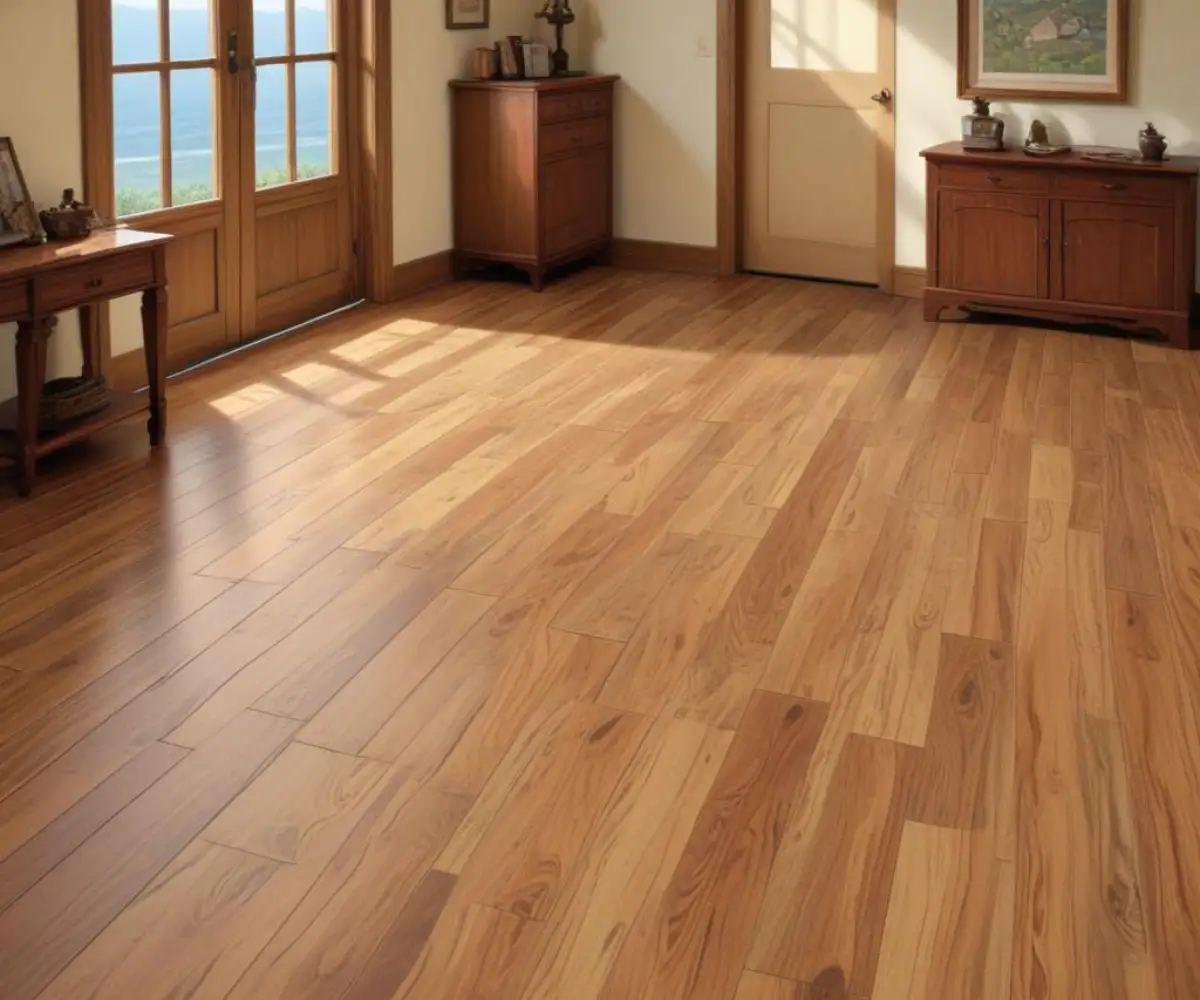 Water-resistant wood-based laminate flooring with a textured, authentic hardwood appearance installed in a brightly lit room.