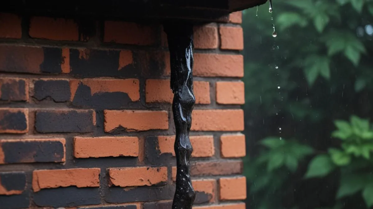 Dark, wet bricks of a chimney with raindrops splashing into the flue.