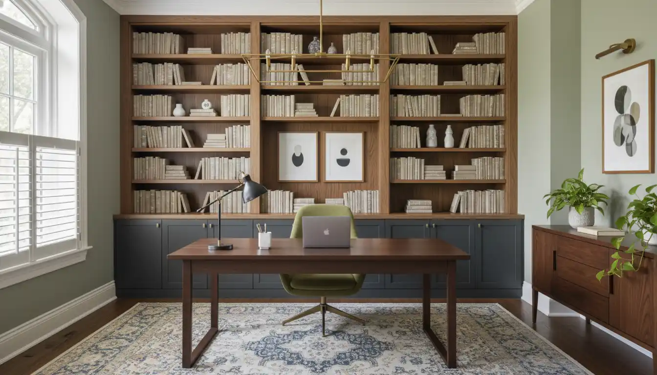 A stylish home office with a wooden desk and bookshelves in a space traditionally used as a dining room.