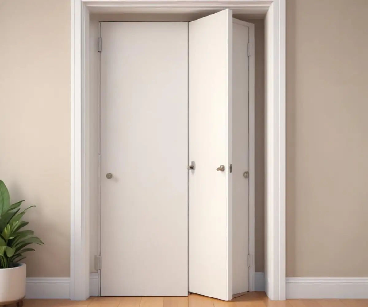 A misaligned white bi-fold closet door that is off its track and stuck in a doorway.