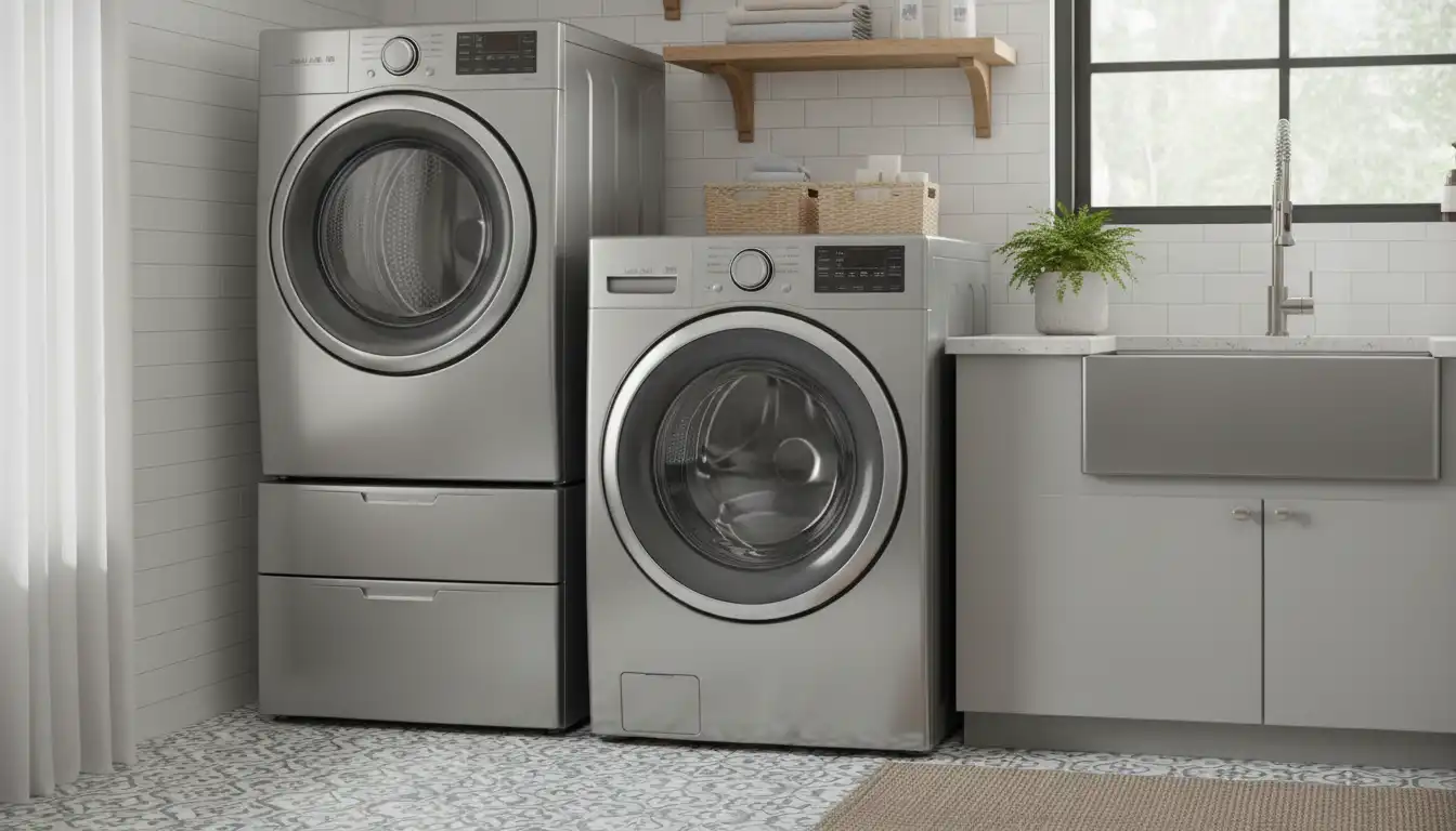 A modern front load washing machine with a glass door in a laundry room.