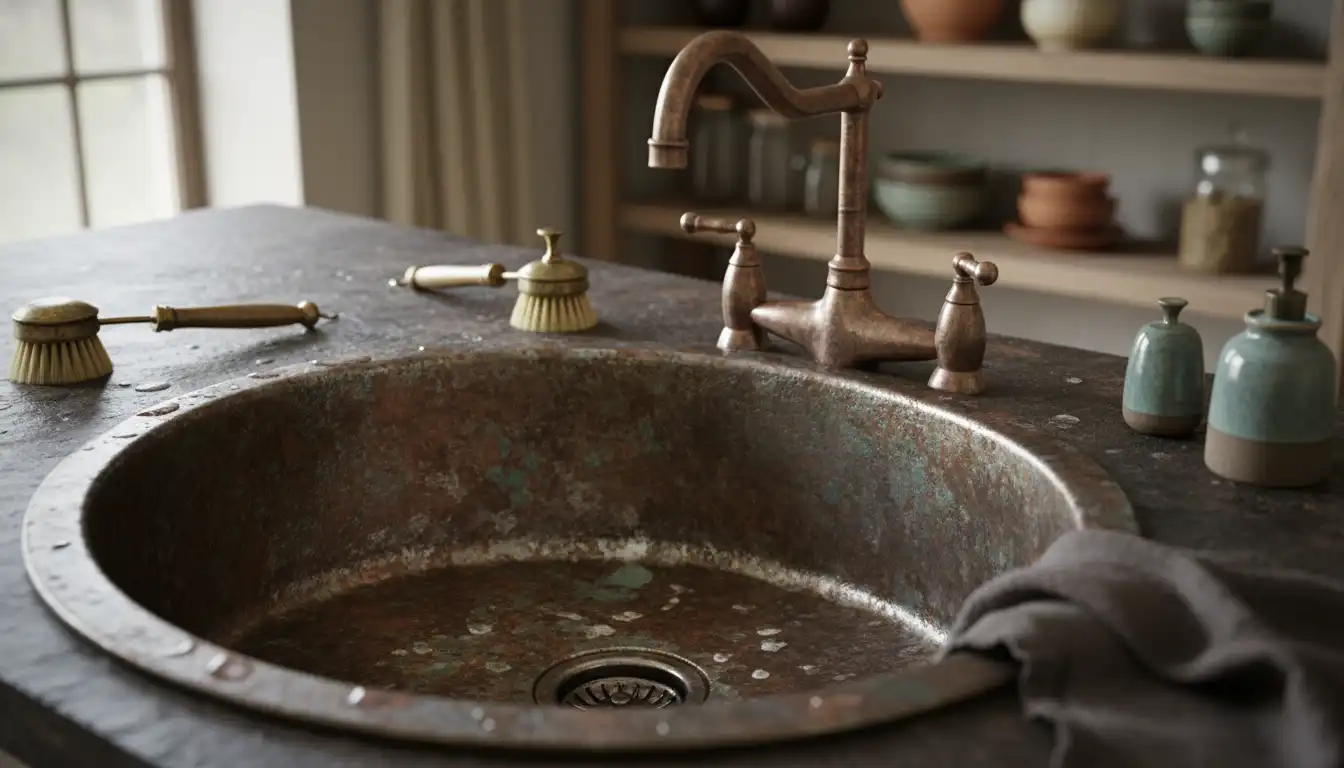 A tarnished copper kitchen sink showing areas of uneven patina and discoloration.