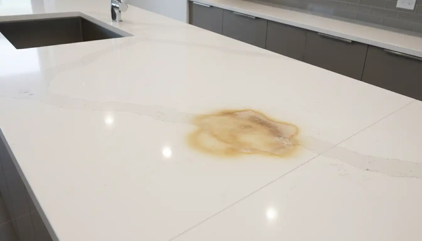 A white quartz kitchen countertop showing heat damage discoloration and visible seams.