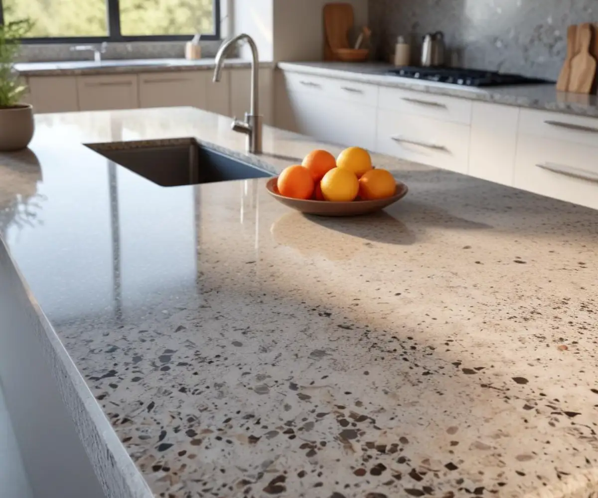 A polished and sealed kitchen countertop made of granite, showing its intricate mineral patterns and speckles.