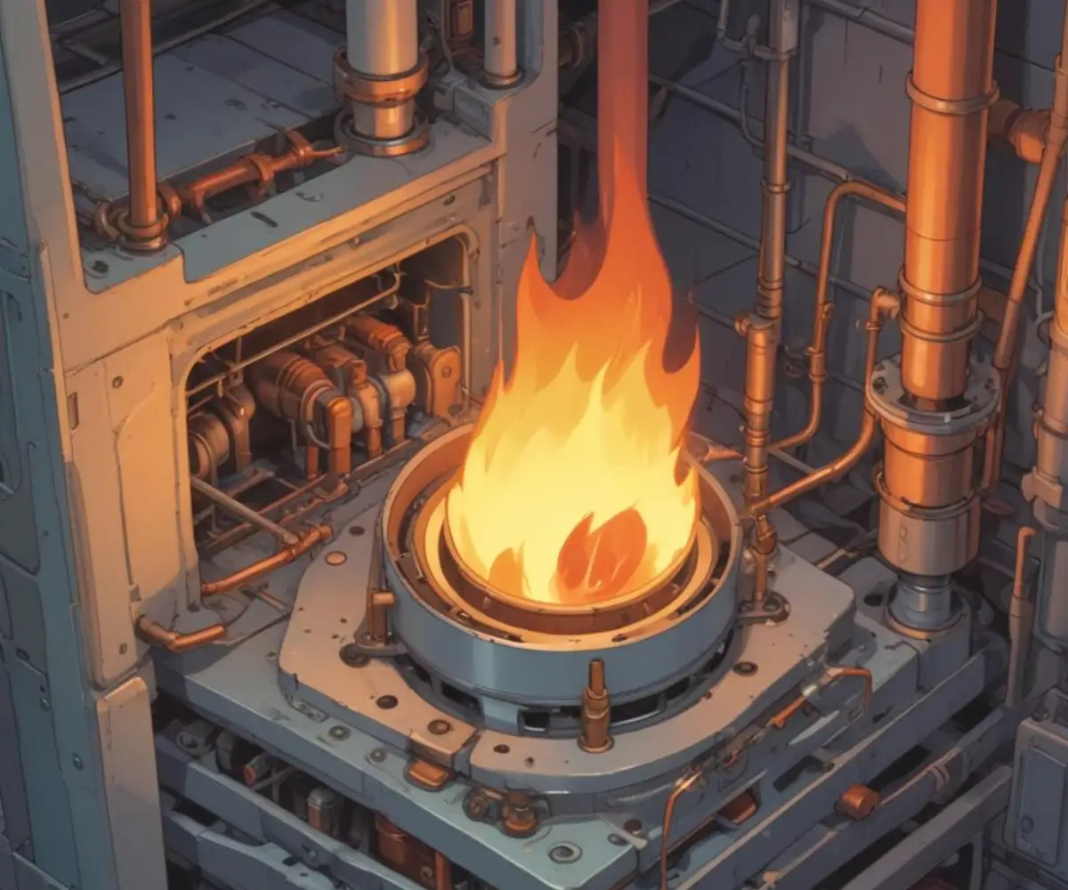 A close-up, detailed view of a modern furnace's burner assembly, showing the igniter and flame sensor rod inside the unit.