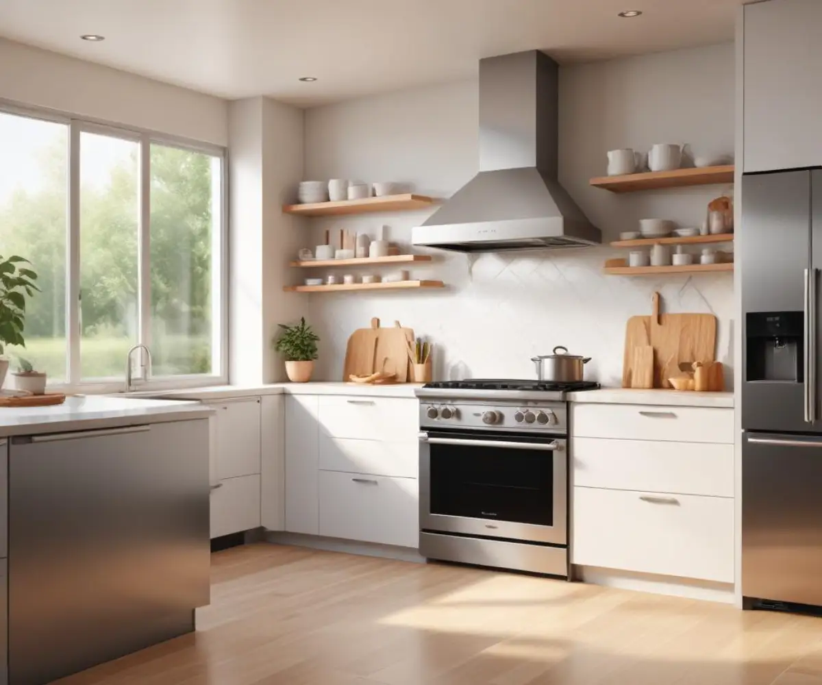 A modern kitchen showcasing integrated stainless steel appliances including a wall oven, microwave, and cooktop set into a clean, minimalist countertop.