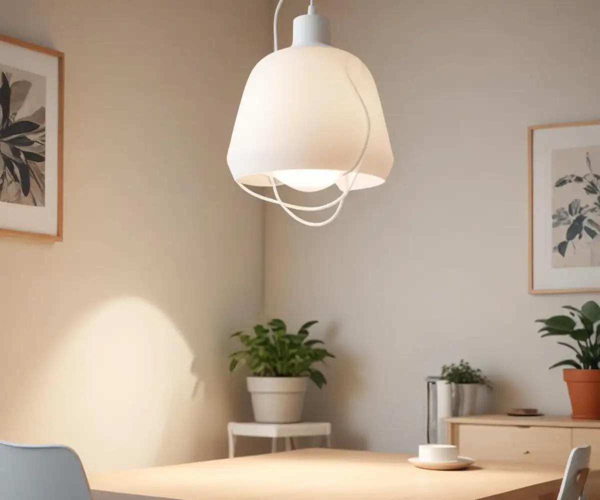 A white IKEA pendant light fixture with its electrical cord coiled on a plain, light-colored surface.