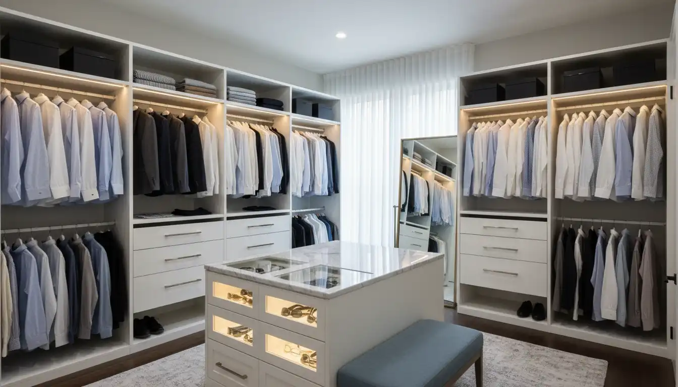 A well-organized, modern walk-in closet with white modular shelving, drawers, and hanging rods filled with neatly arranged clothing.
