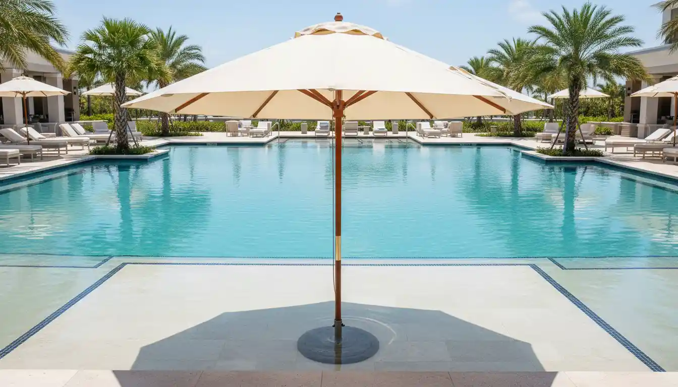 A large patio umbrella standing in the shallow water of a sun shelf in a bright blue swimming pool.