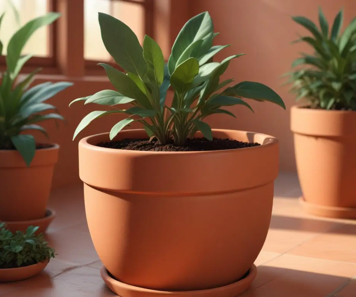 Close-up of fresh, dark, sterile indoor potting mix in a clean terracotta pot.