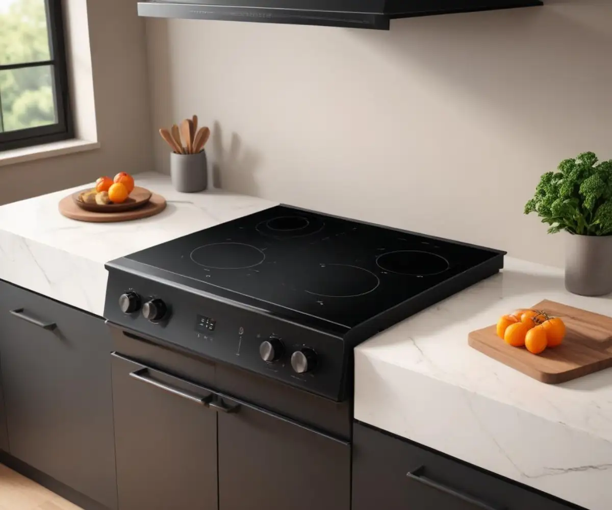A modern black induction range with a built-in griddle on the smooth glass cooktop.