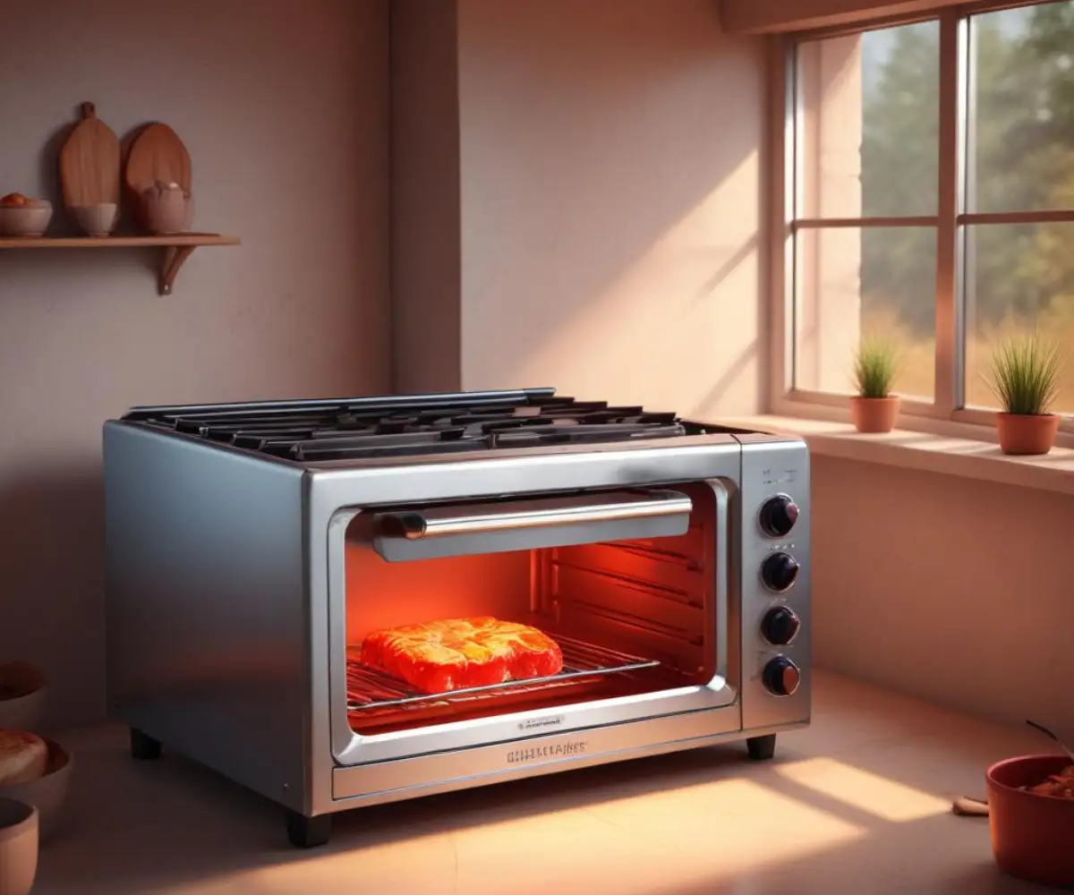 A stainless steel infrared broiler oven with a glowing red heating element inside.