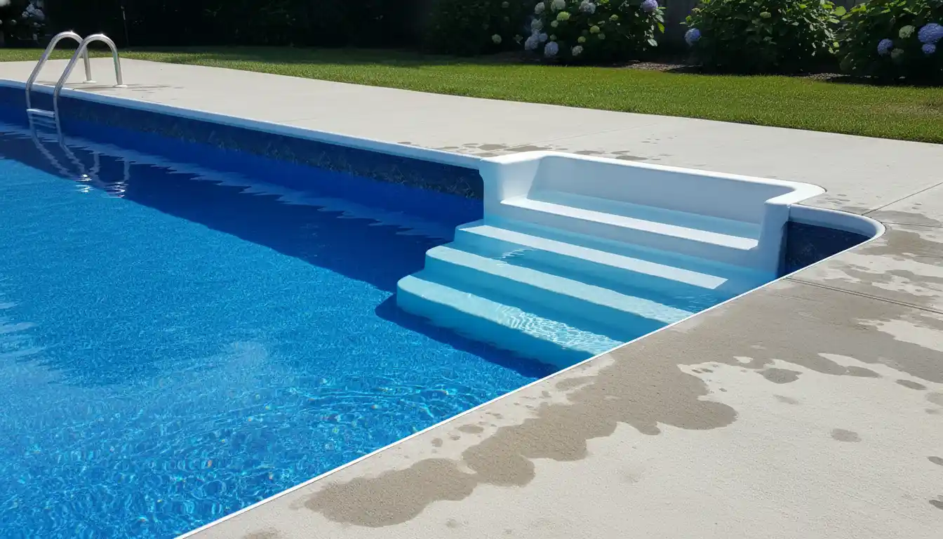 Newly installed white thermoplastic steps leading into an inground swimming pool with a vibrant blue vinyl liner.