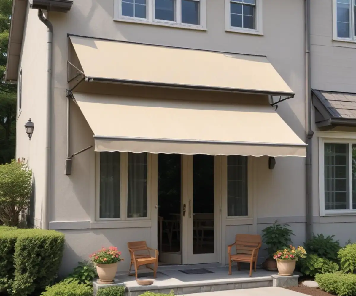 A retractable, beige awning mounted securely to the exterior wall of a house with light gray vinyl siding.