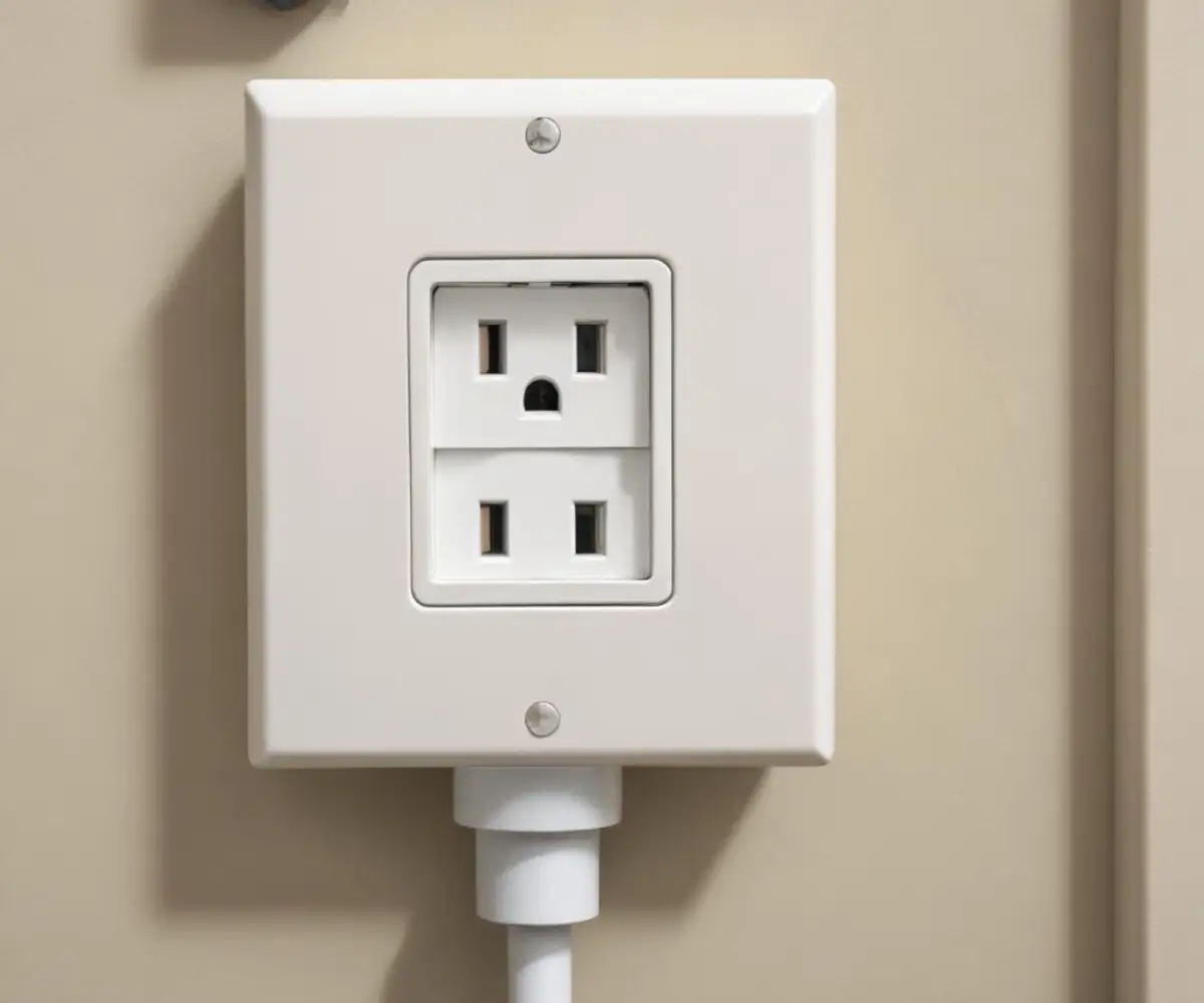 A white GFCI electrical outlet installed on a bathroom wall next to a toilet.