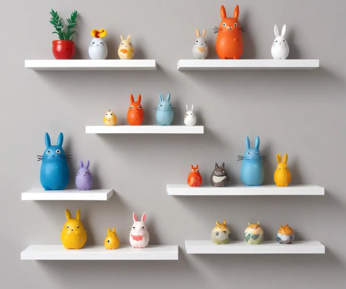 Three white floating shelves neatly arranged on a light gray wall, holding small, colorful decorative objects.