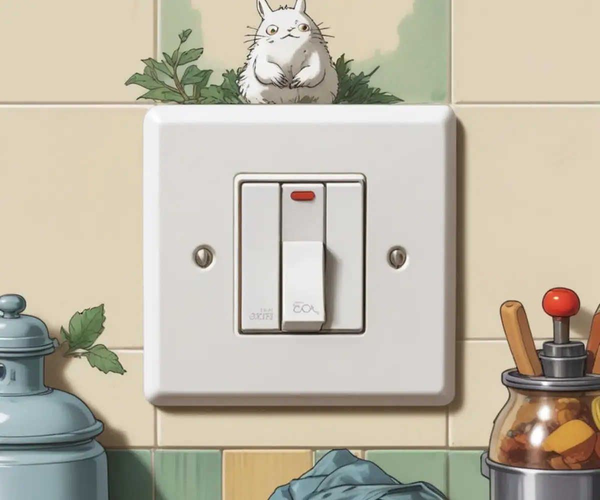 A white electrical wall switch for a garbage disposal mounted on a kitchen backsplash.