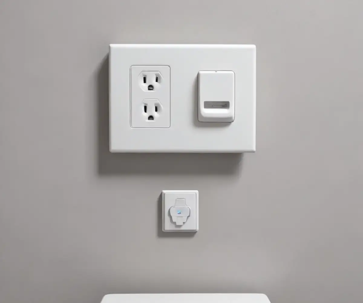 A white GFCI electrical outlet mounted on a light gray bathroom wall, positioned to the side of a modern white toilet.