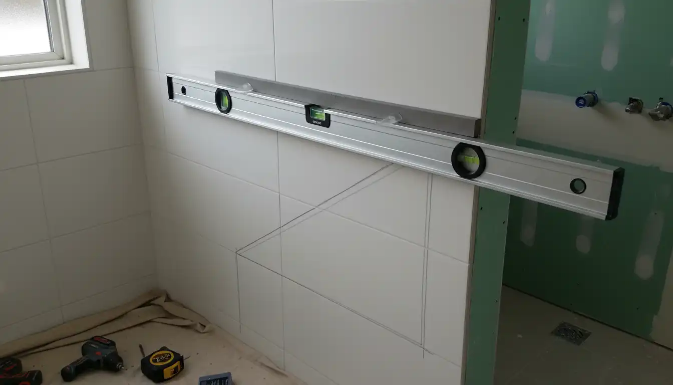 Out-of-plumb wall with a level showing the angle for a shower door installation.