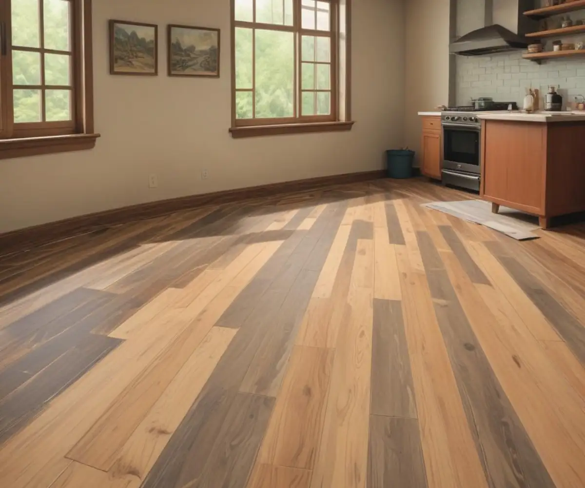 Luxury vinyl plank flooring being installed over a prepared subfloor with old adhesive residue.