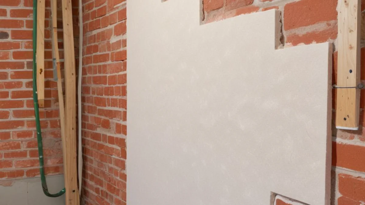 Close-up of rigid foam insulation board installed against an exposed brick wall, adjacent to unfinished drywall.