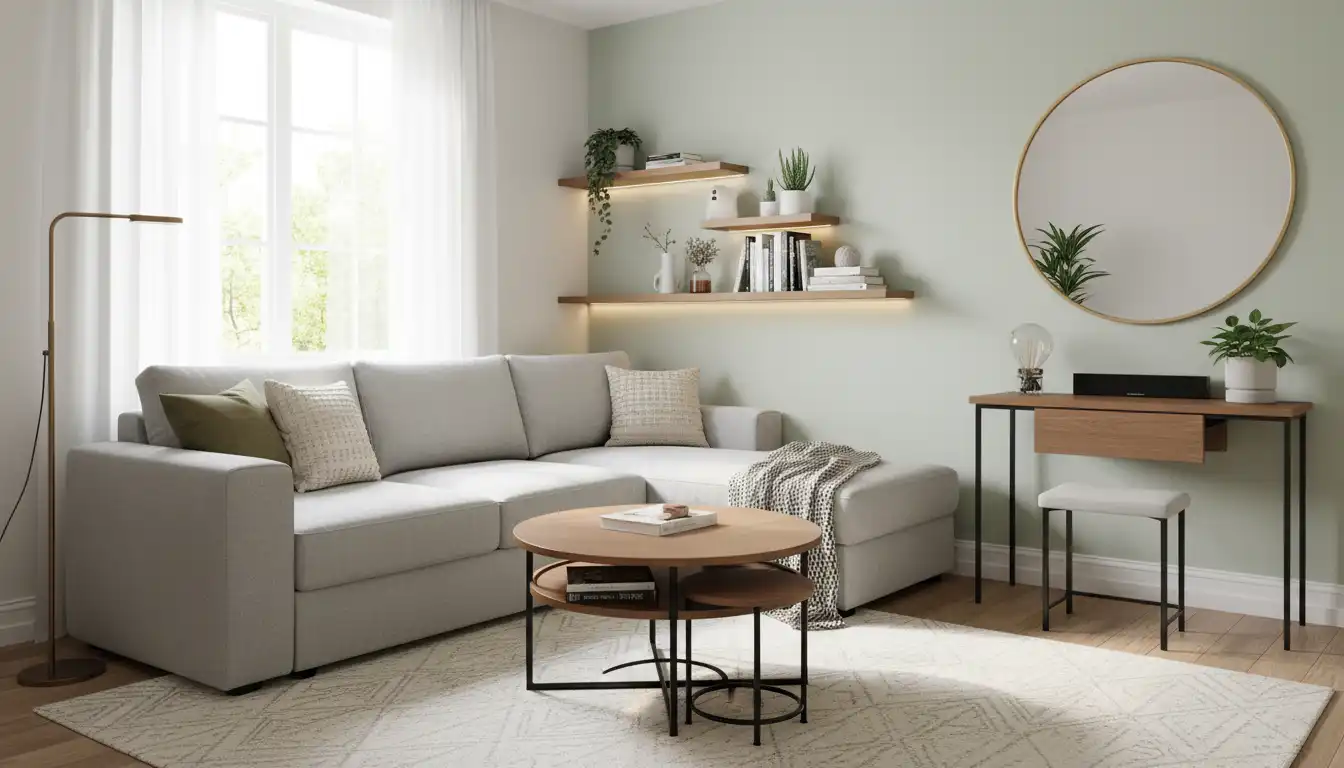 A thoughtfully arranged small living room showcasing smart furniture placement and multi-functional decor pieces under bright, natural light.