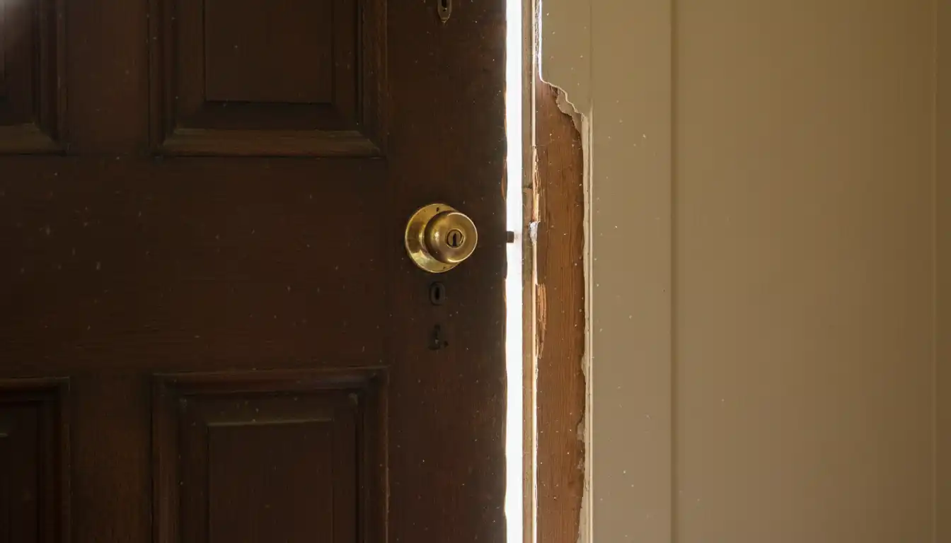 A wooden interior door with a visible gap between the door and the frame.