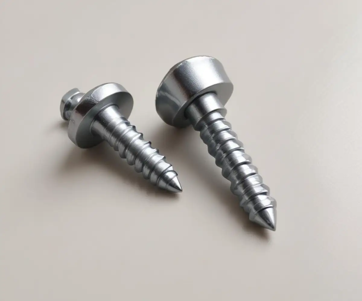 A shiny, zinc-plated interior screw placed next to a dull, gray, ceramic-coated exterior screw on a plain white background.