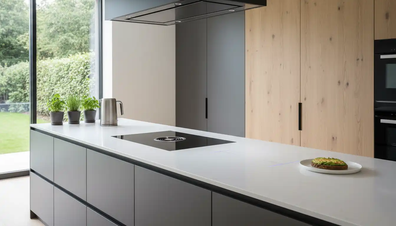 Sleek modern kitchen countertop with a seamless, integrated invisible induction cooktop