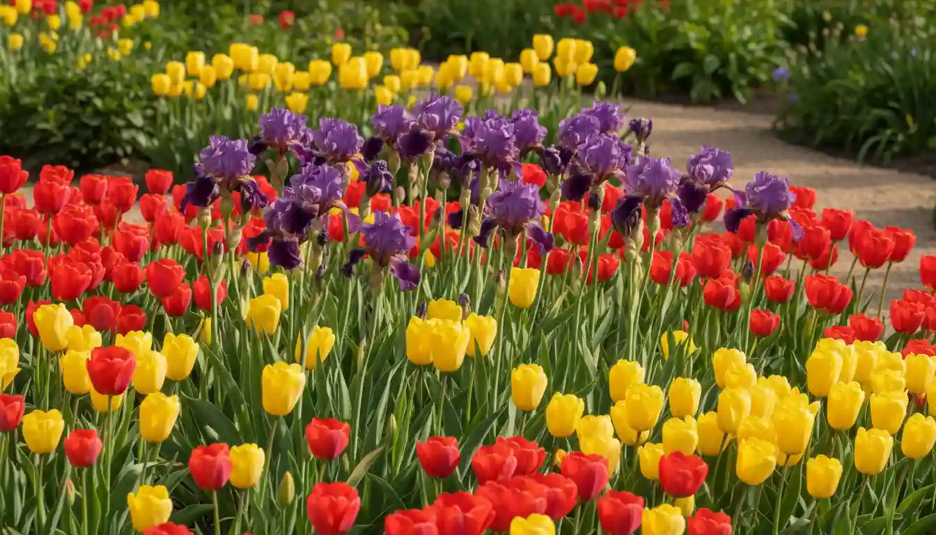 A mixed flower bed of vibrant purple irises and colorful red and yellow tulips blooming in a sunny garden.
