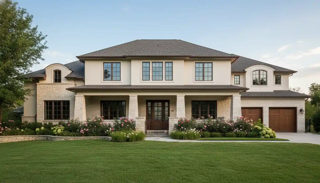 Exterior view of a large two-story house with a neutral-colored facade, multiple windows, and a neatly manicured front lawn.