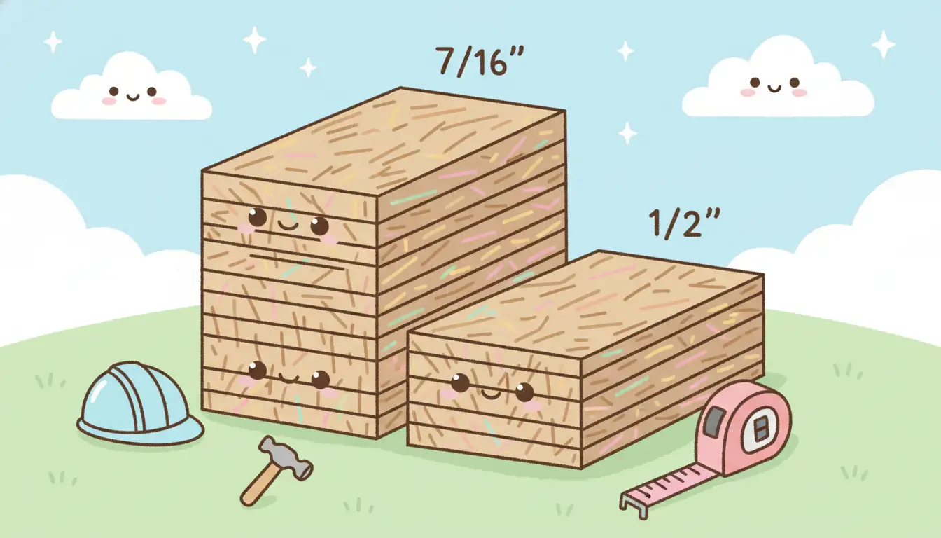 A stack of oriented strand board (OSB) panels with varying thicknesses at a construction site.