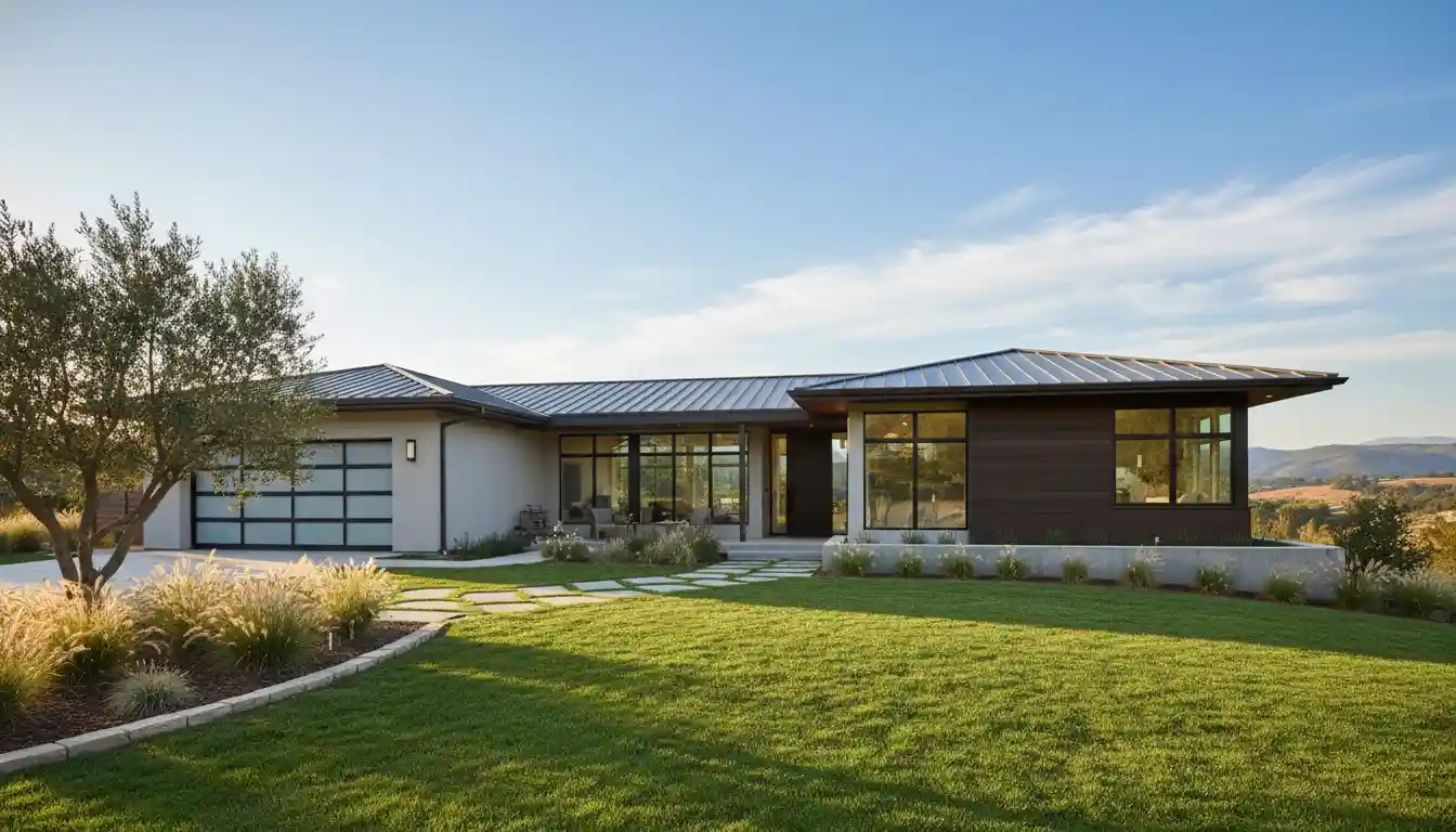 Exterior view of a modern single-story house built on a concrete slab foundation with a neatly landscaped lawn.