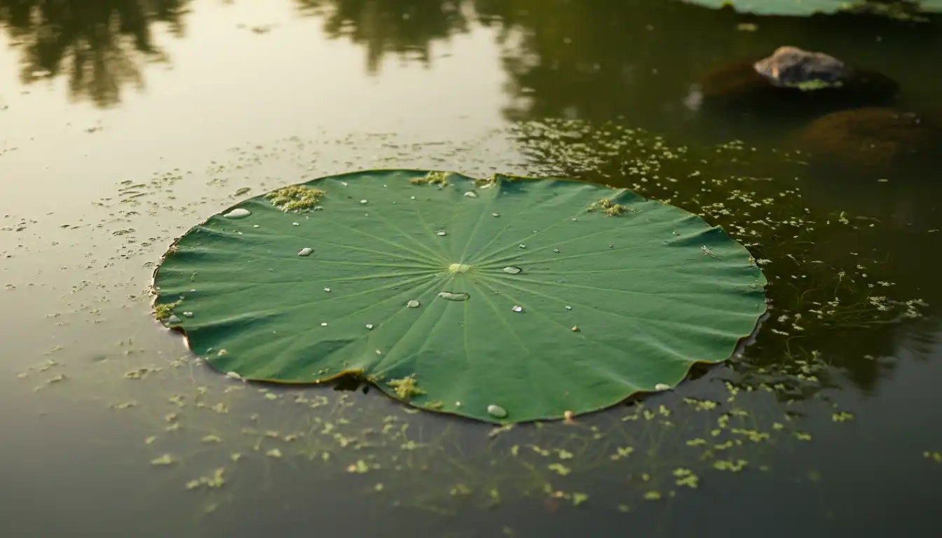 A large, vibrant green lotus leaf resting on the surface of calm pond water.