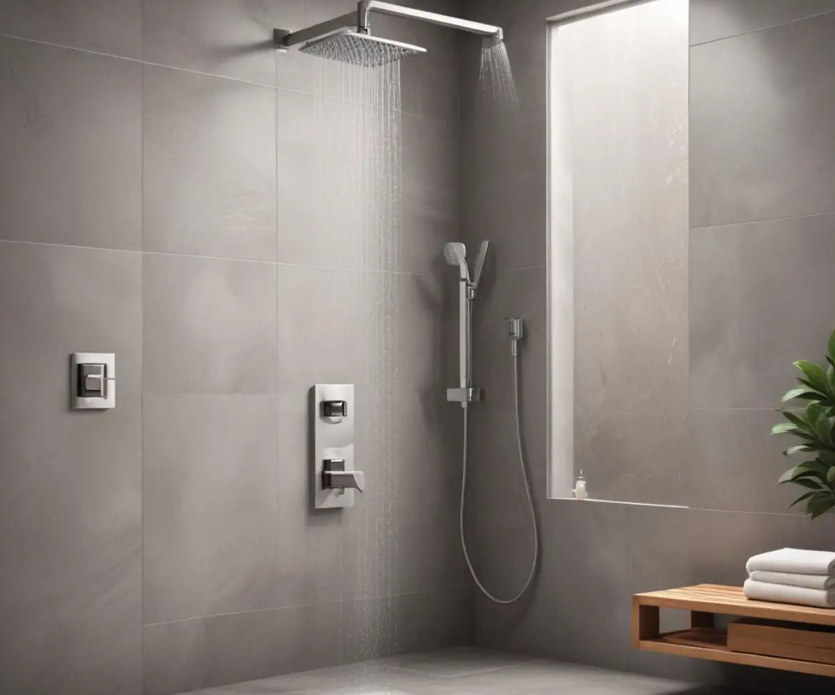 A sleek, wall-mounted stainless steel shower system with a large square rain shower head and a separate handheld sprayer against a modern gray tile background.
