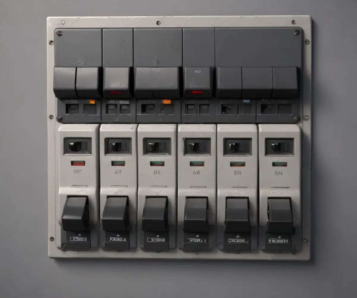 Close-up of a grey residential circuit breaker panel with black switches in various positions.