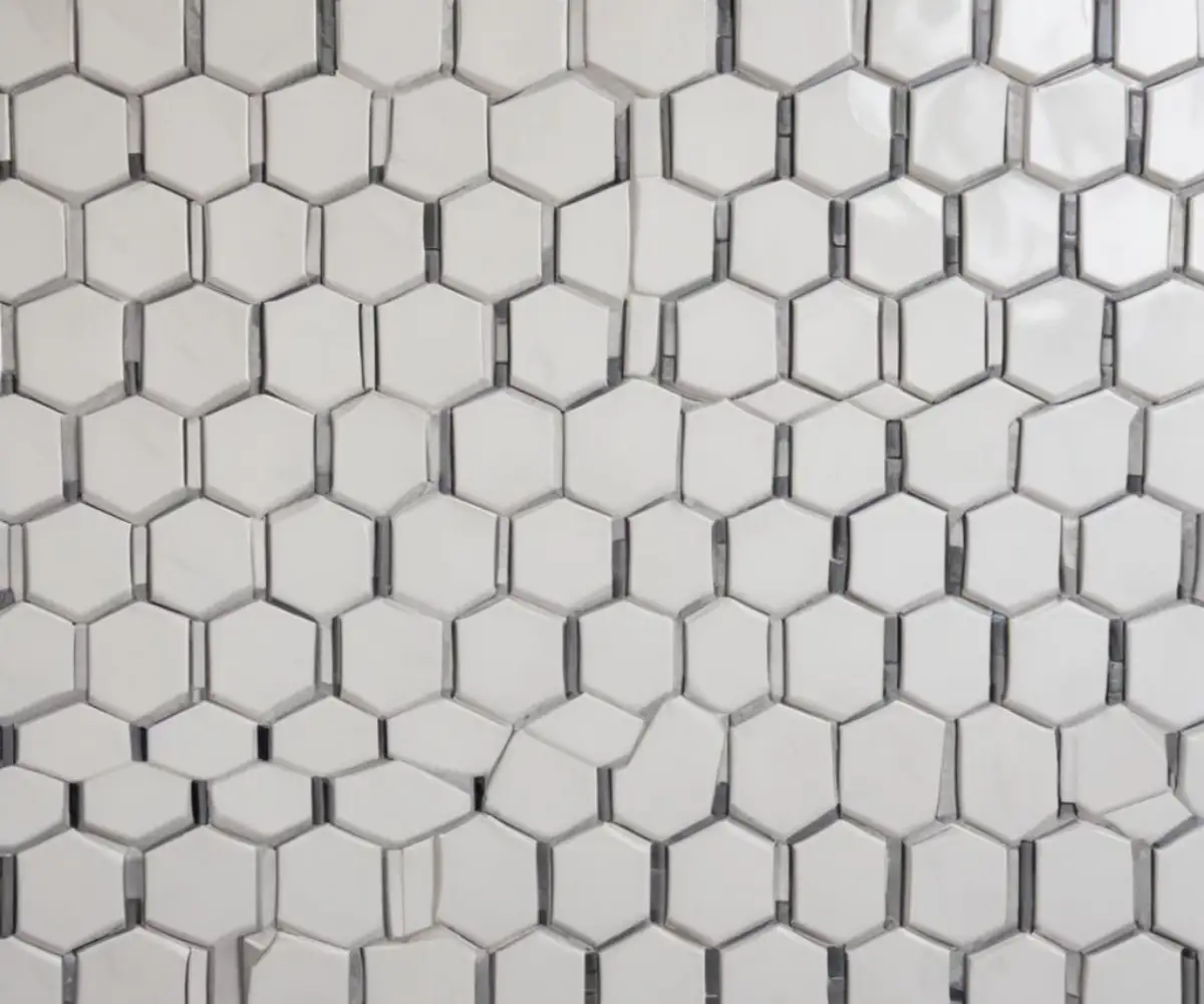 Newly installed white mosaic tile wall with dark gray grout lines in a regular grid pattern.