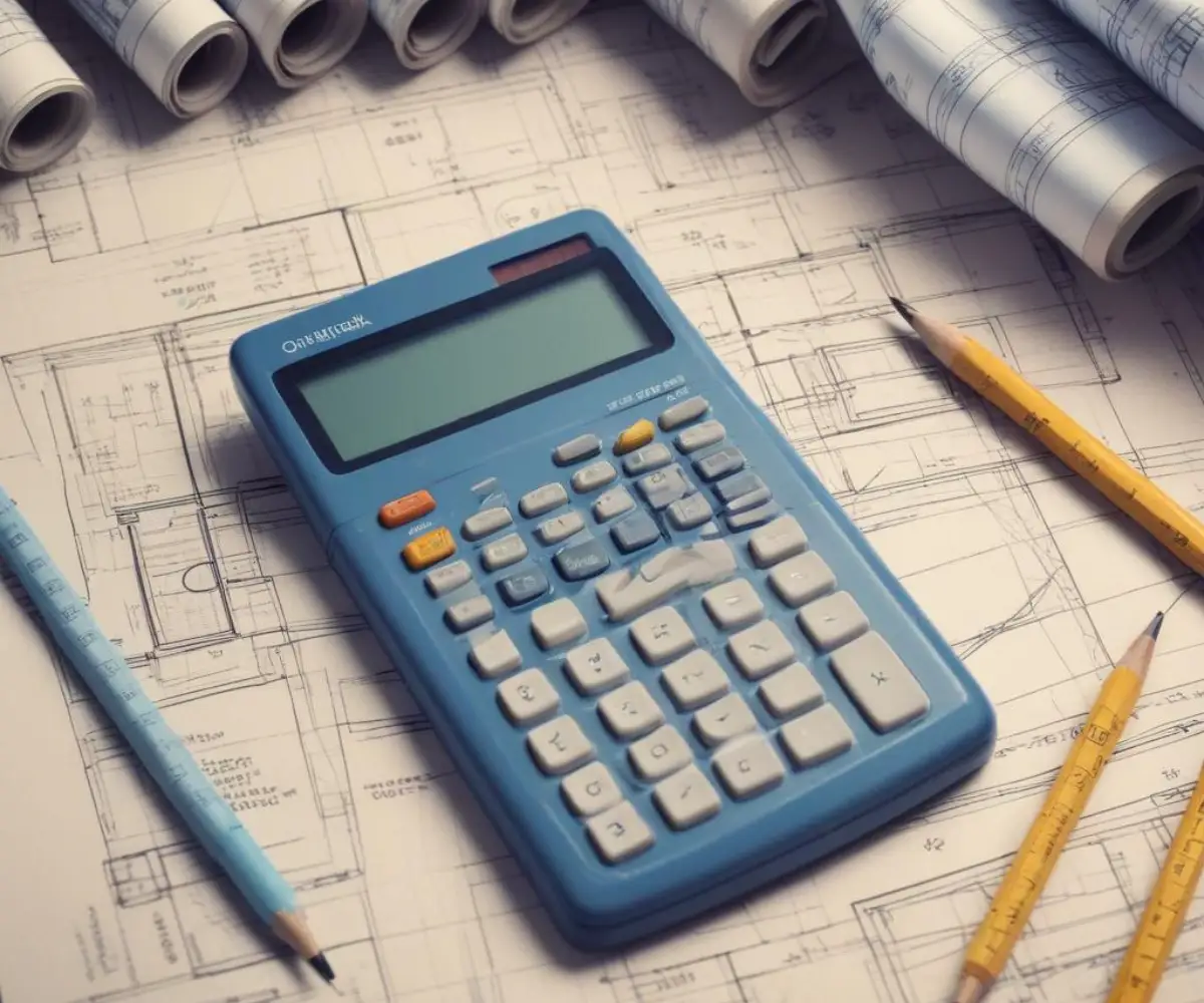 A calculator and a measuring tape resting on top of a set of architectural blueprints for a home construction project.