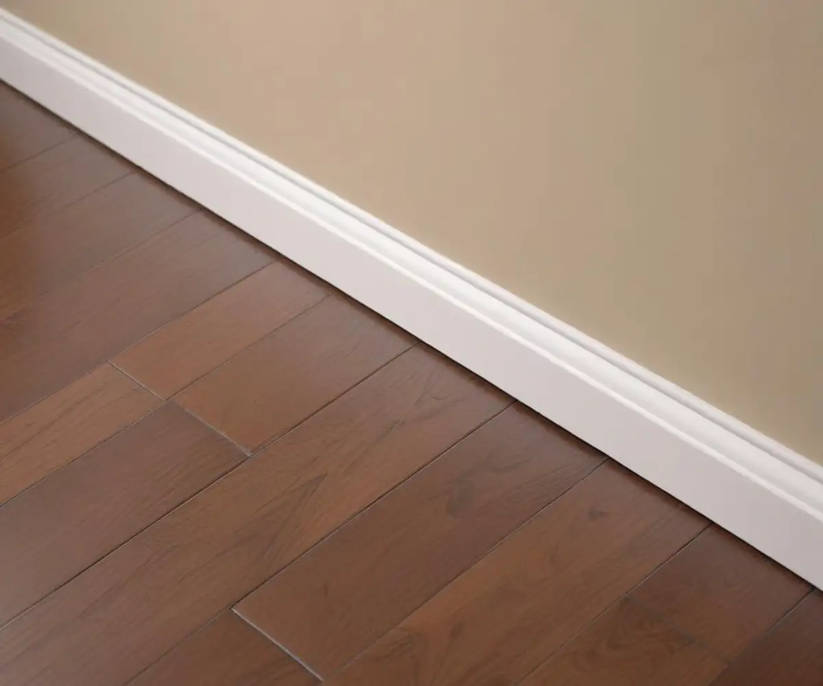 Newly installed white baseboard trim where a light-colored wall meets a dark hardwood floor.
