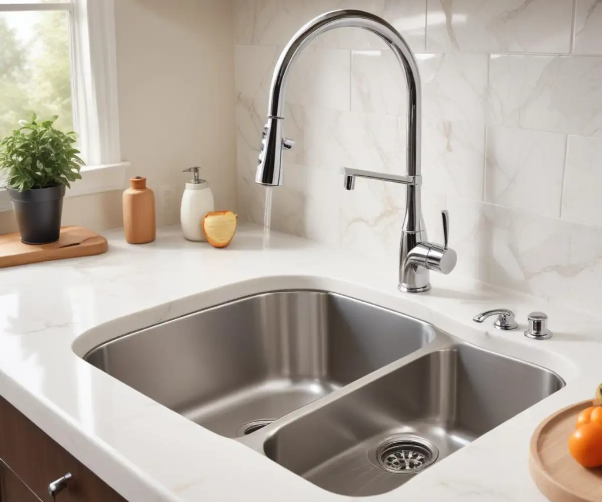 A polished chrome single-handle kitchen faucet with a high-arc spout mounted on a white quartz countertop next to a stainless steel sink.