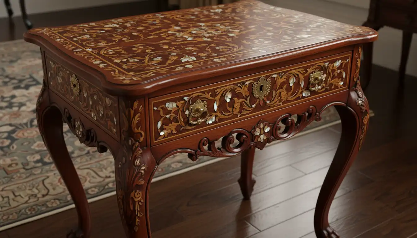An ornate, hand-carved mahogany side table with detailed inlay work and brass accents, resting on a polished hardwood floor.