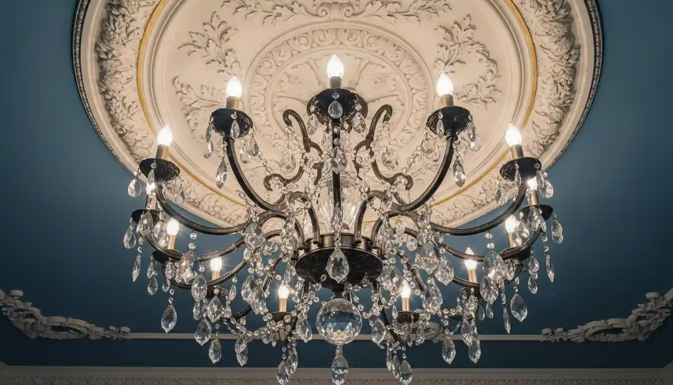Elegant bronze and crystal chandelier hanging from a decorative ceiling medallion.
