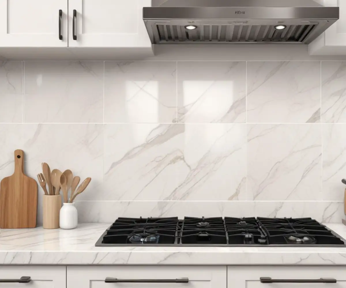 A close-up of a kitchen backsplash with glossy, white marble-look MSI porcelain tiles.