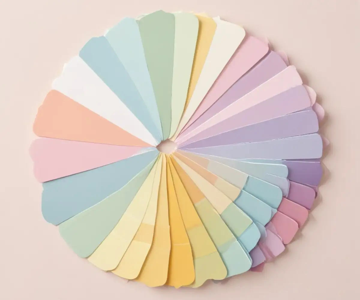 An array of colorful paint sample cards fanned out on a plain white surface.