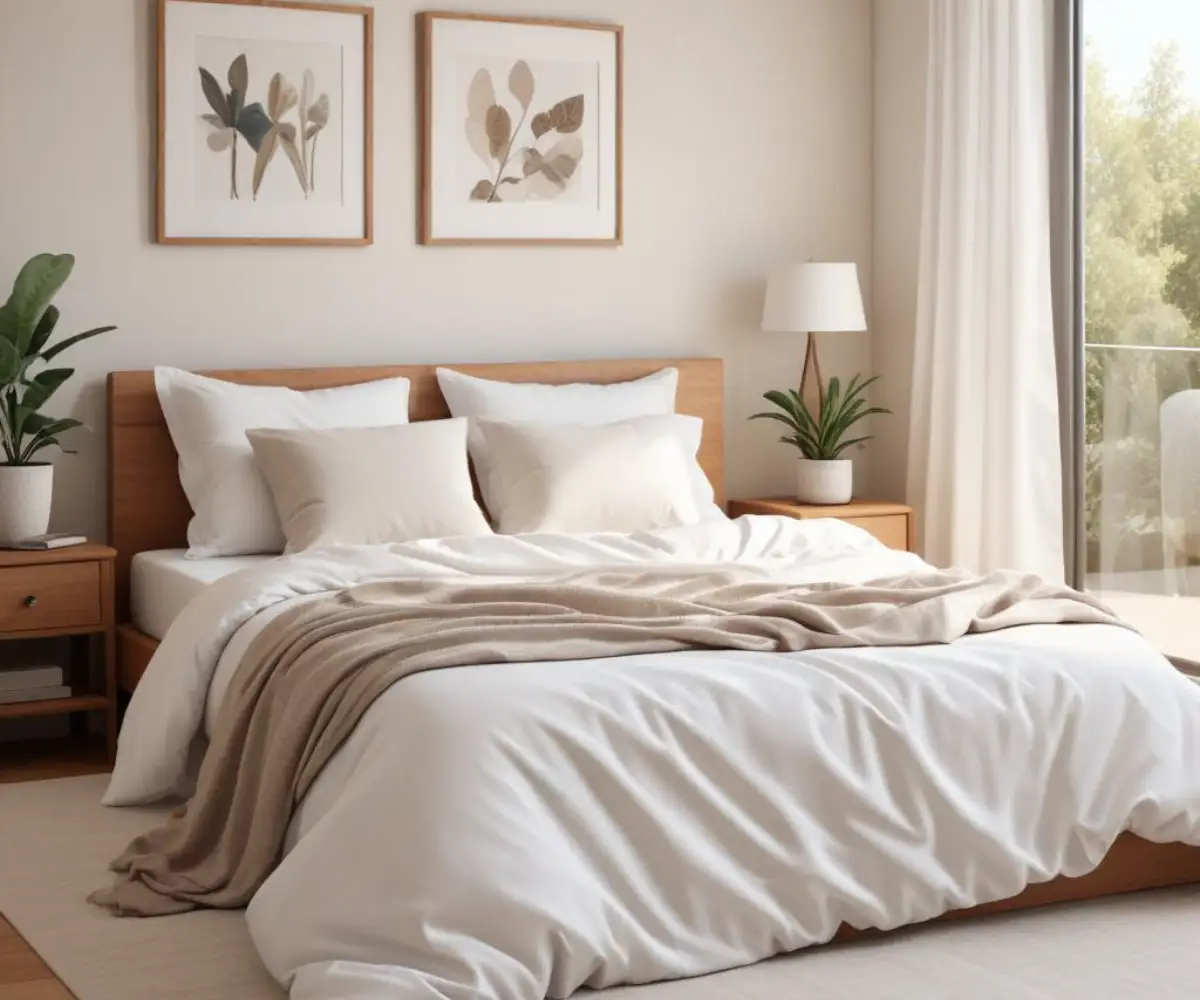 A neatly made bed with a white duvet cover, layered with textured pillows and a throw blanket in a well-lit bedroom.