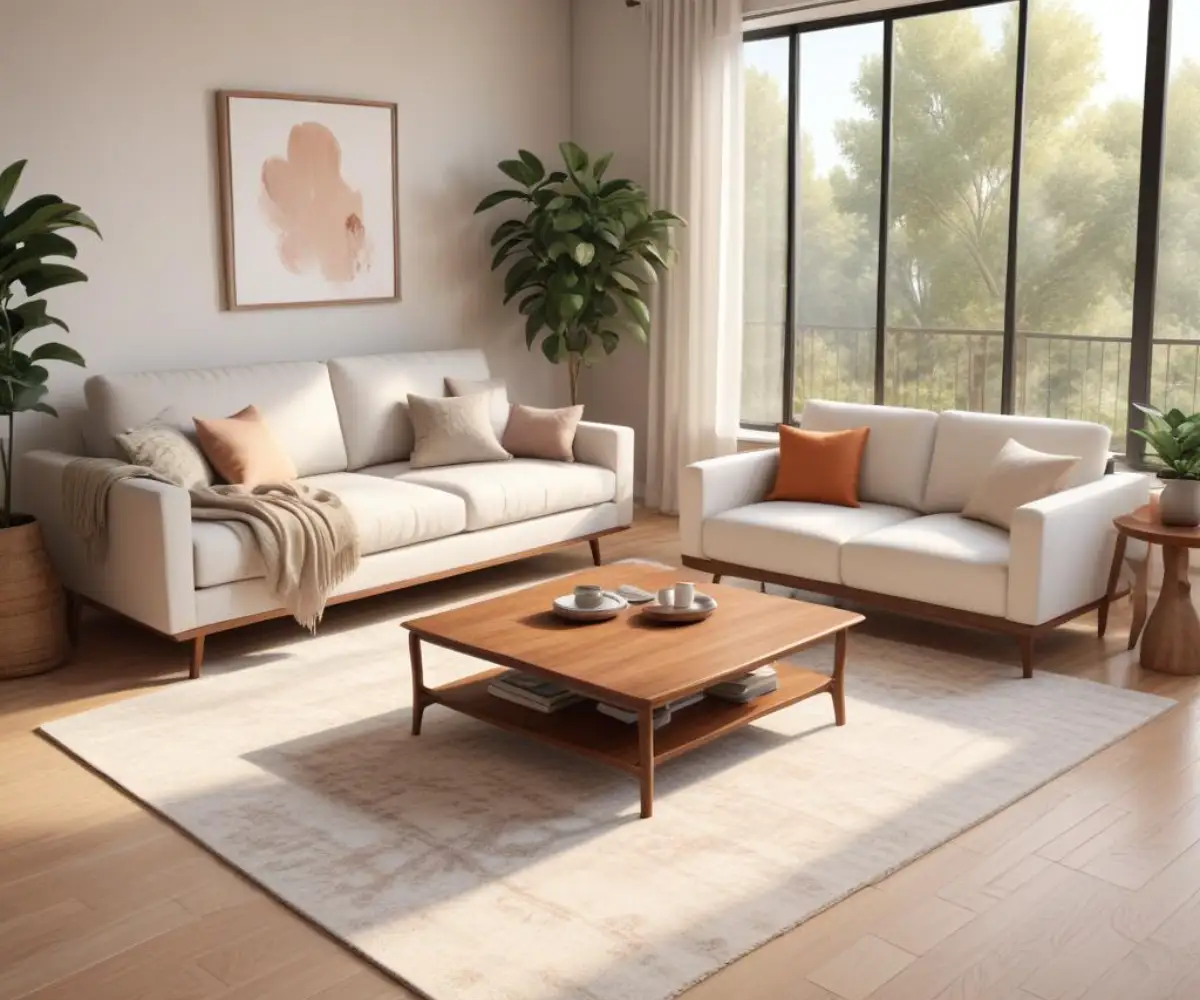 A stylish, neutrally decorated living room with a light-colored fabric sofa, a solid wood coffee table, and a textured area rug on a hardwood floor.