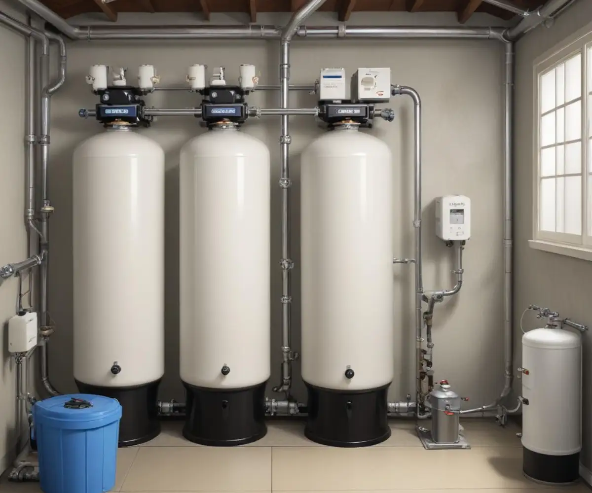 A whole-house water softener and filtration system with dual white tanks and chrome fittings installed in a residential garage.