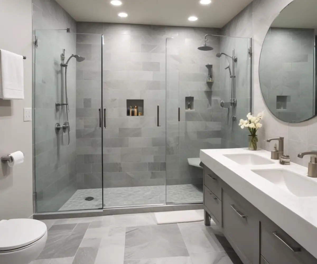 A modern, renovated bathroom with a seamless glass walk-in shower, white vanity with marble top, and gray tiled flooring.